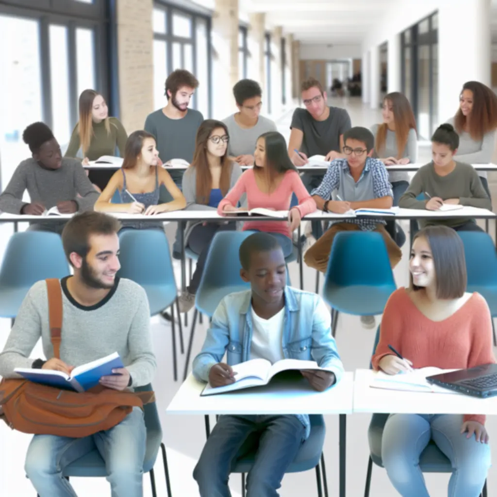 Groupe d'élèves de différents âges apprenant ensemble dans un environnement serein
