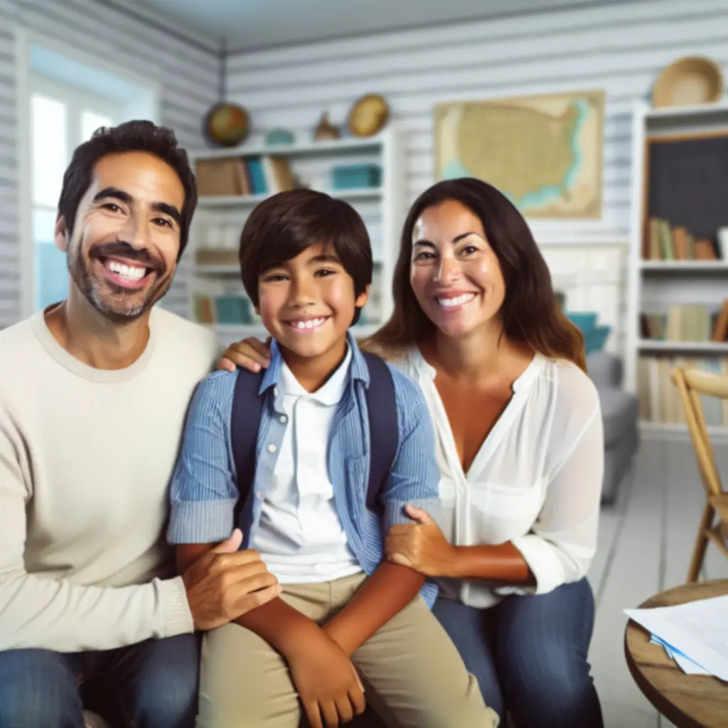 Famille souriante célébrant la réussite scolaire d’un élève