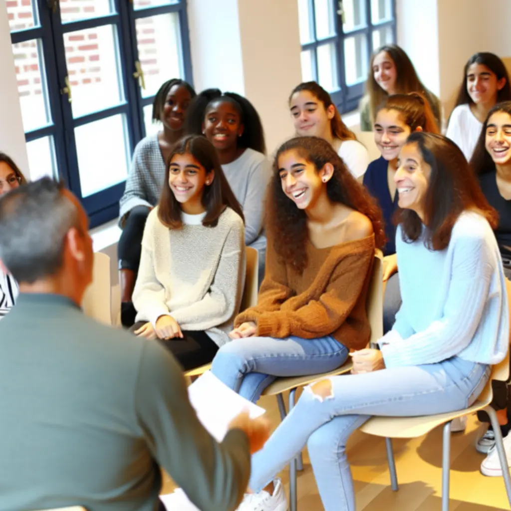 Groupe d’élèves souriants partageant leurs expériences positives de soutien scolaire.